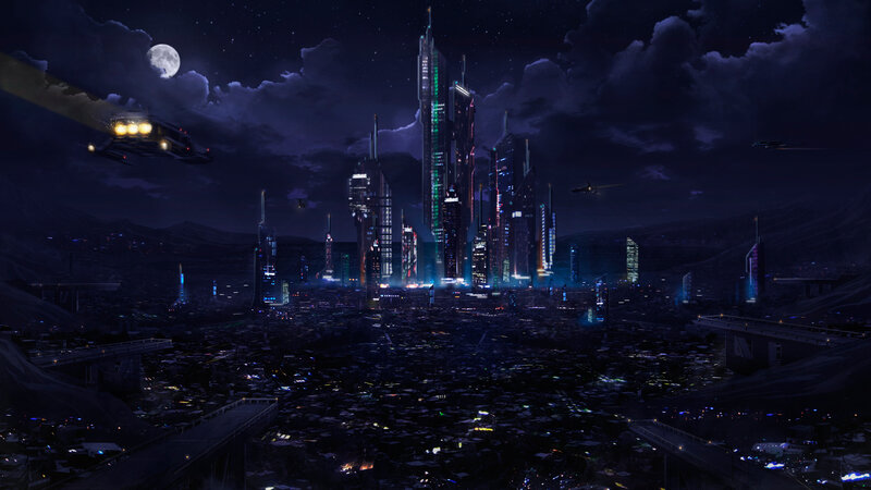 Futuristic City at Night — Black, Dramatic, Digital Art, Skyscrapers