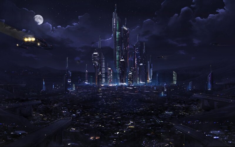 Futuristic City at Night — Purple, Dramatic, Digital Art