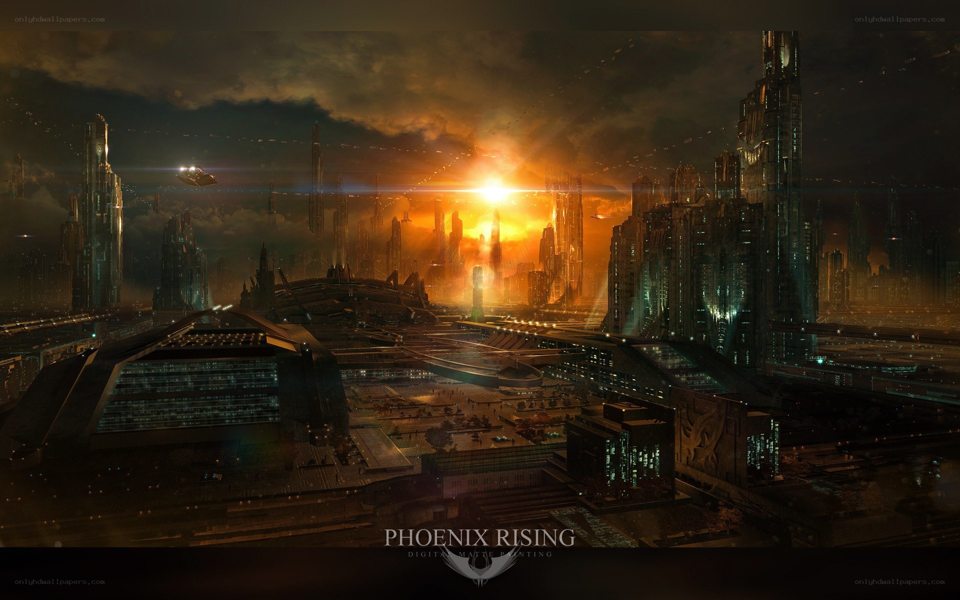 futuristic city at sunrise