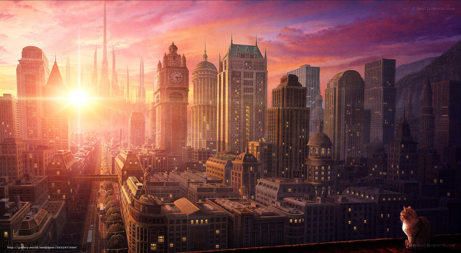 futuristic city at sunset
