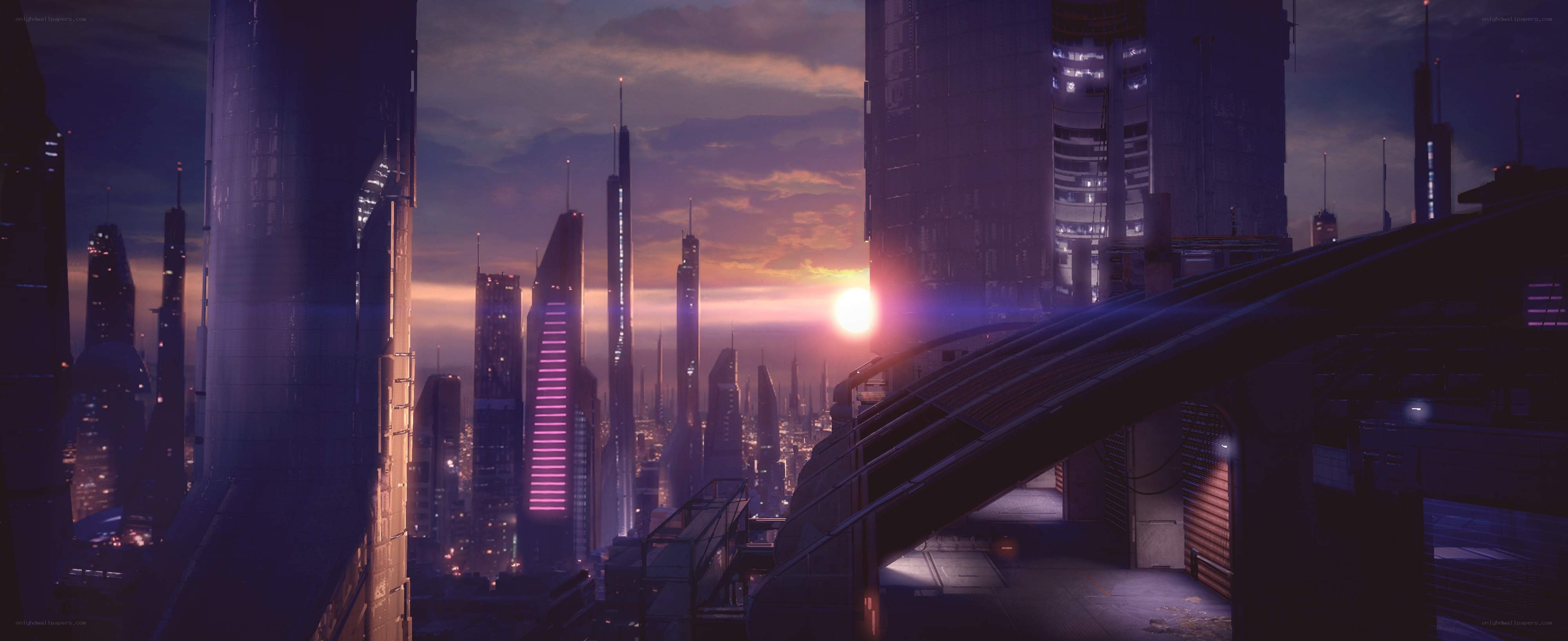 futuristic city at sunset