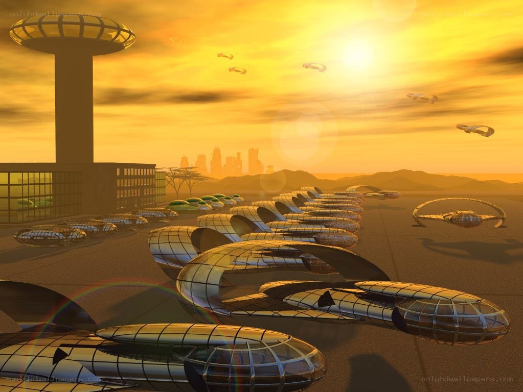 Futuristic city at sunset