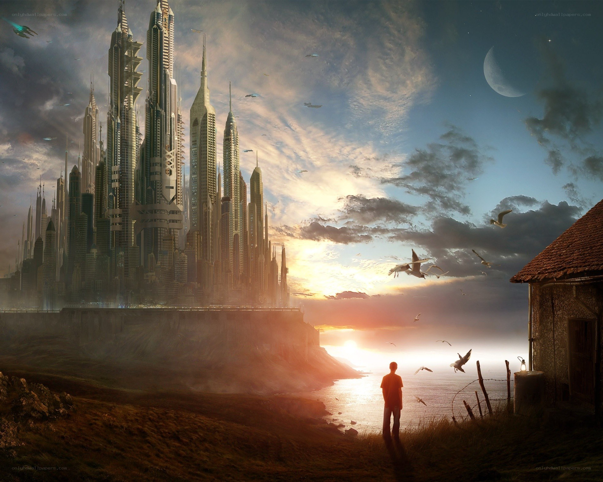 futuristic city at sunset