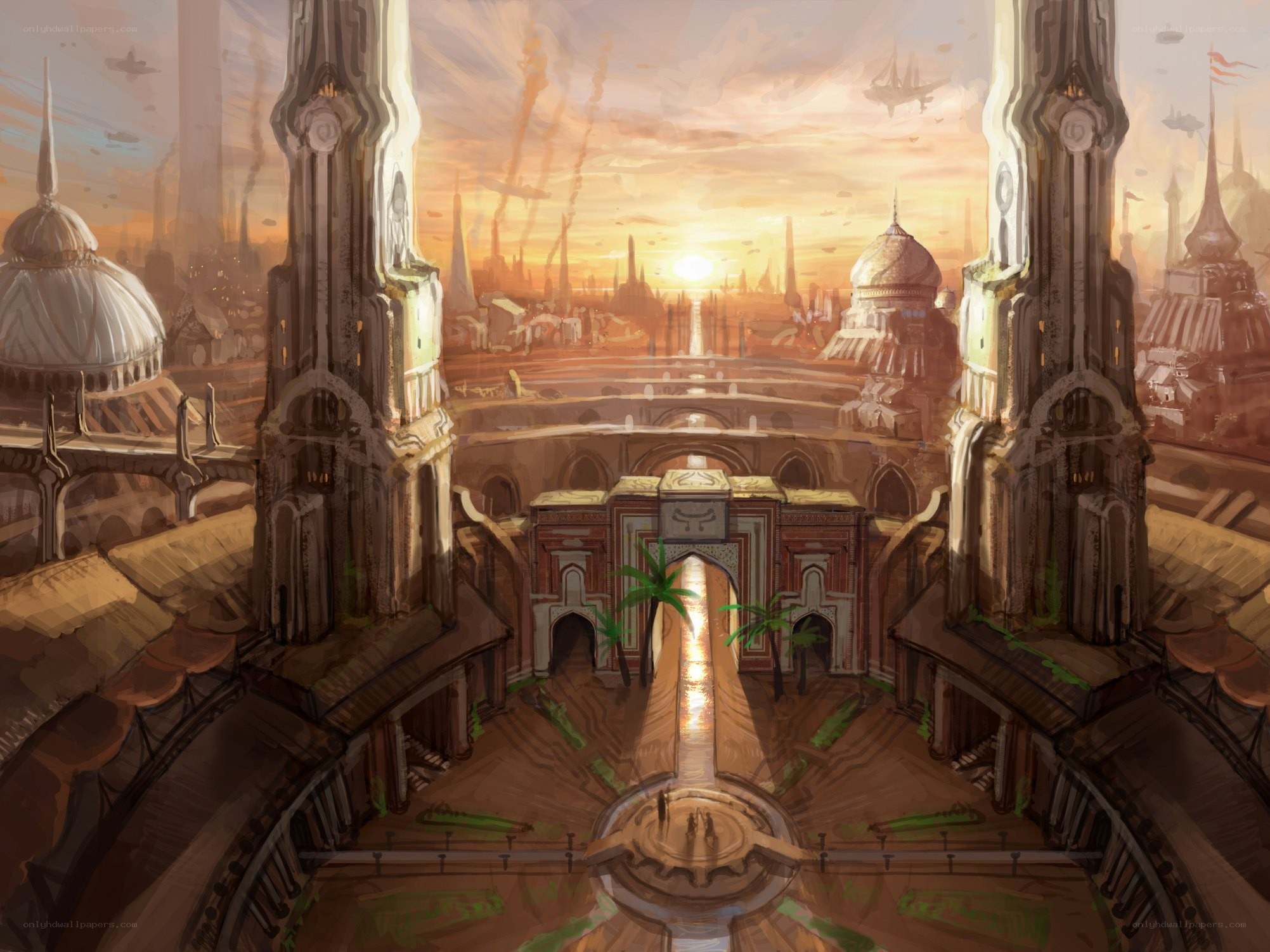 futuristic city at sunset
