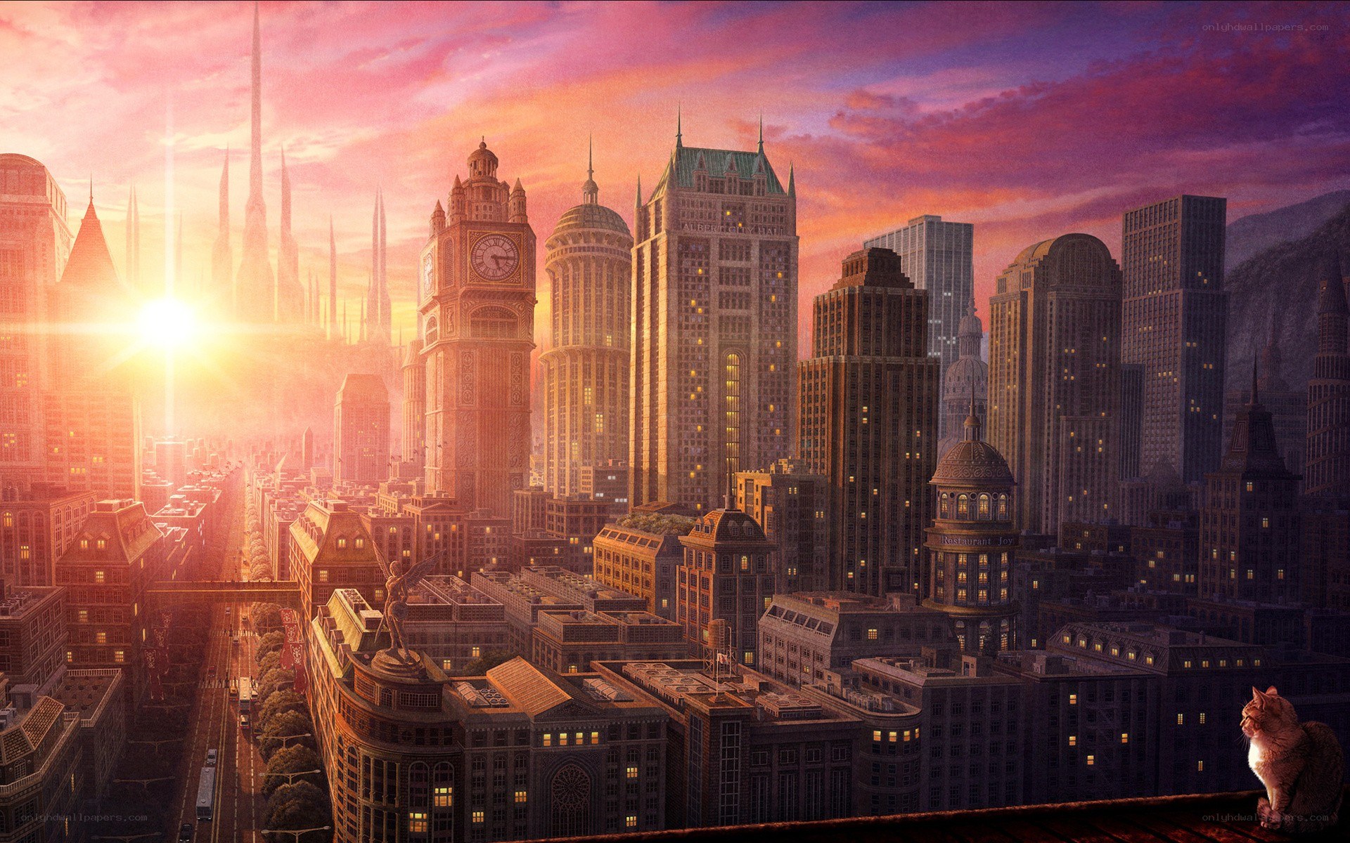 futuristic city at sunset