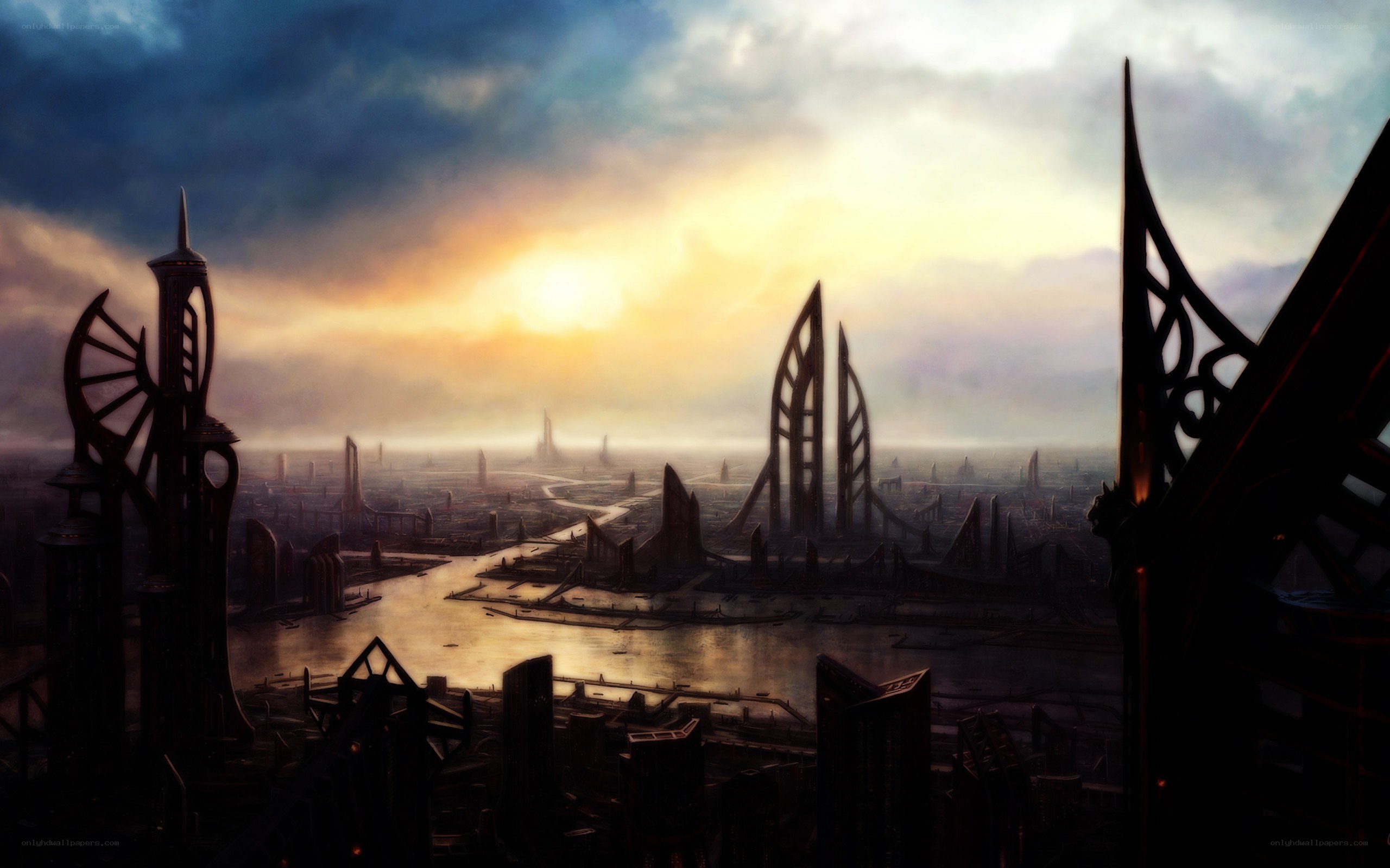 futuristic city at sunset