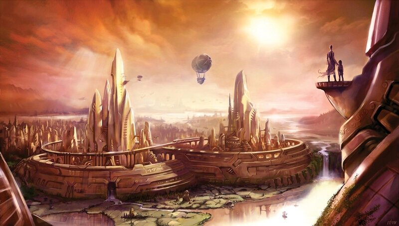 futuristic city at sunset