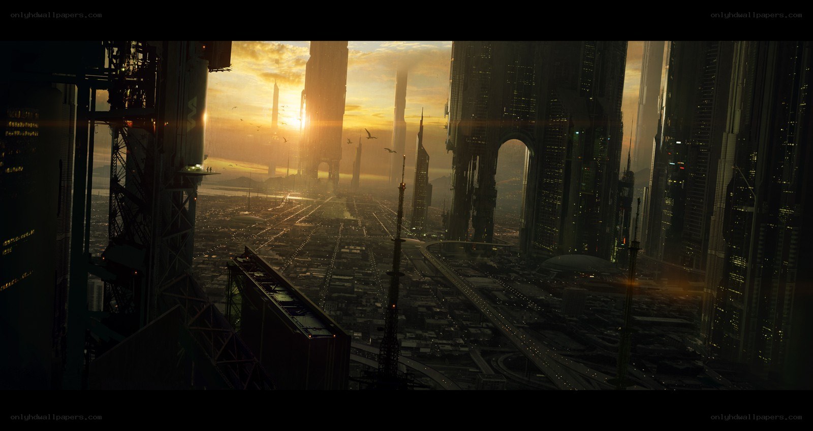 futuristic city at sunset