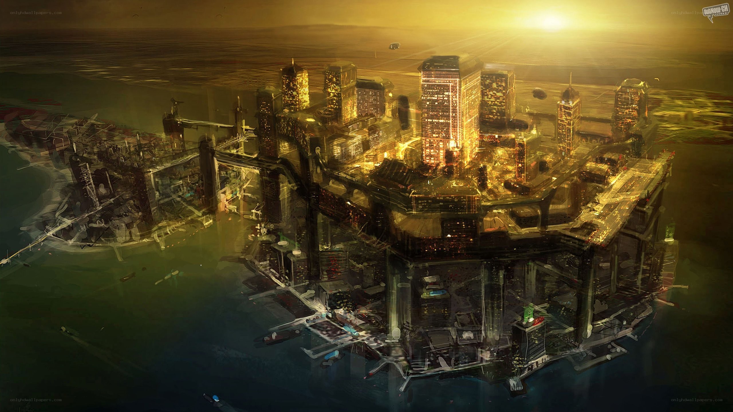 futuristic city at sunset