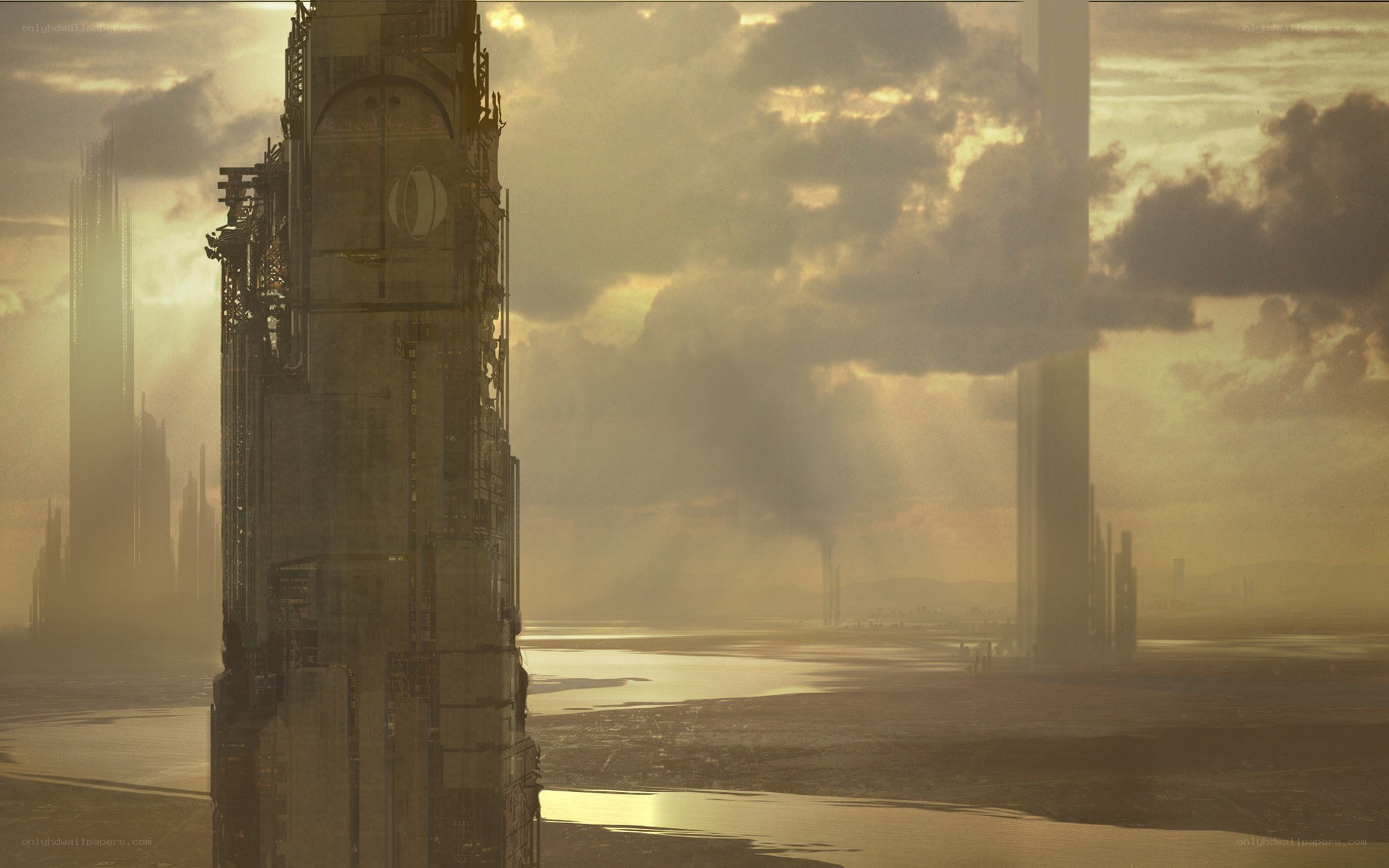 futuristic city at sunset