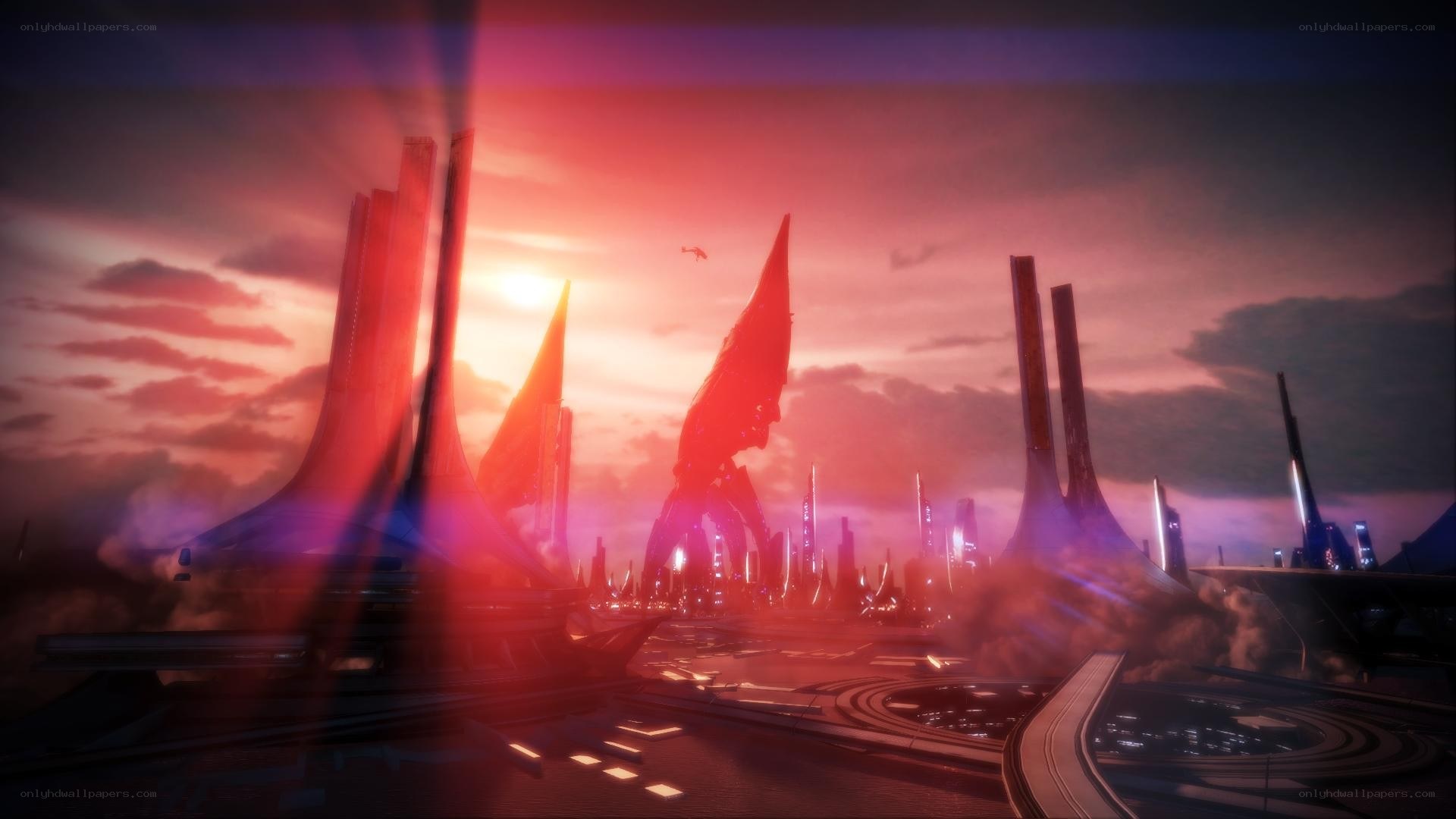 futuristic city at sunset