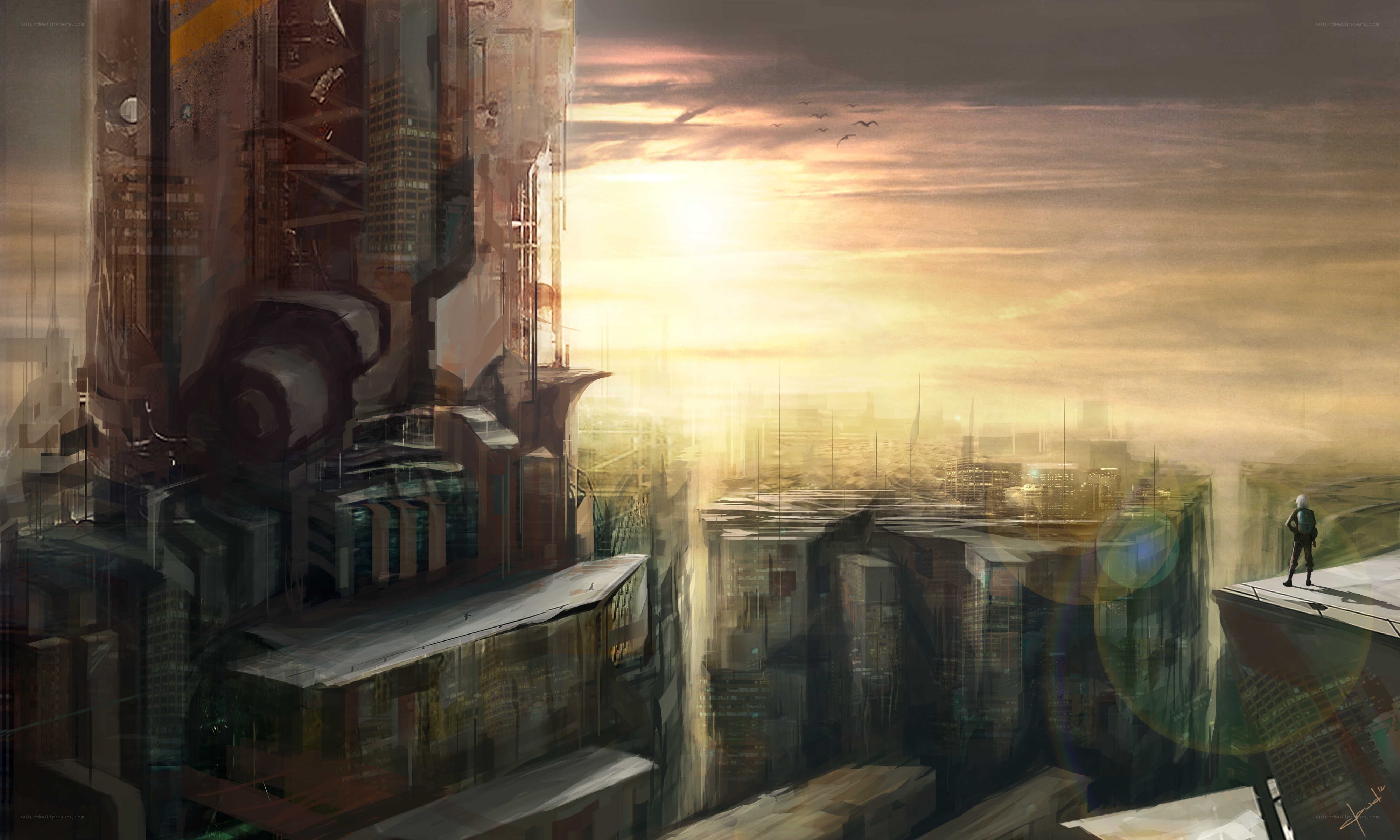 futuristic city at sunset