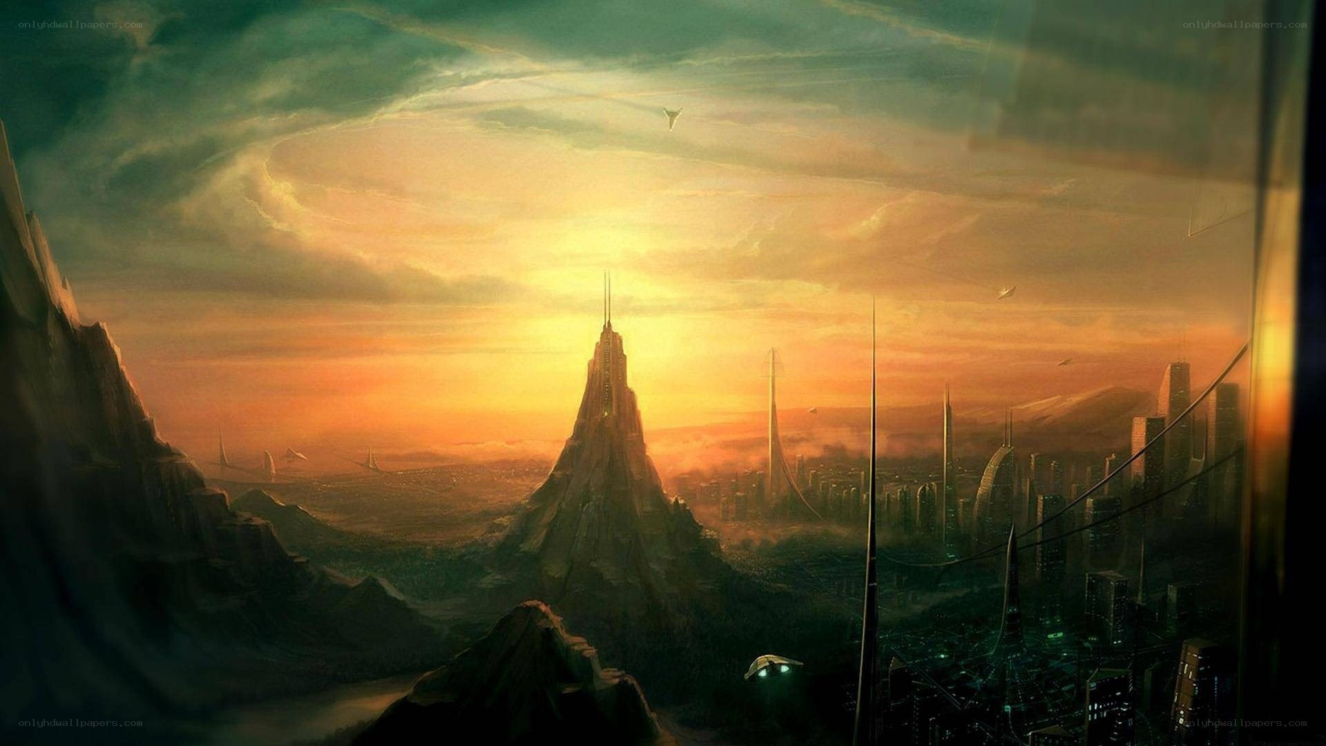 futuristic city at sunset