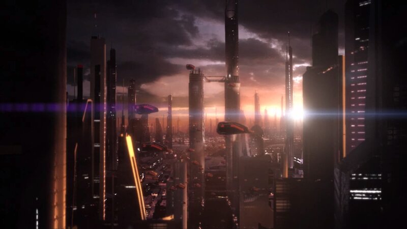 futuristic city at sunset