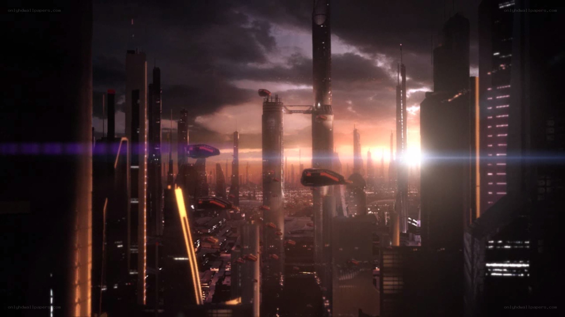 futuristic city at sunset