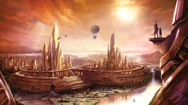 futuristic city at sunset