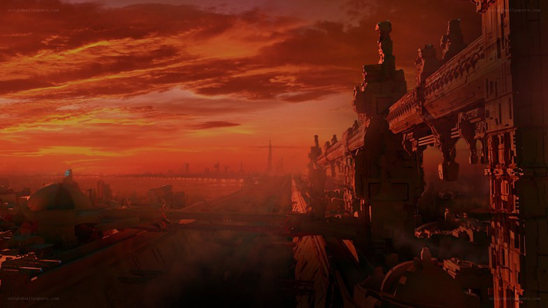 futuristic city at sunset