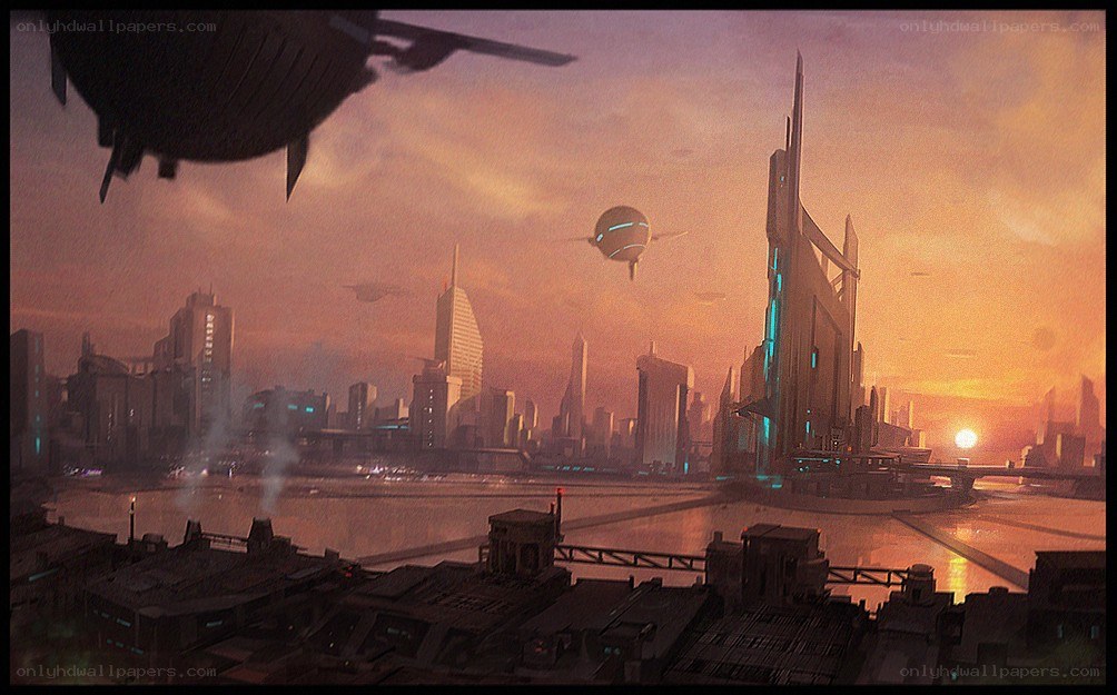 futuristic city at sunset