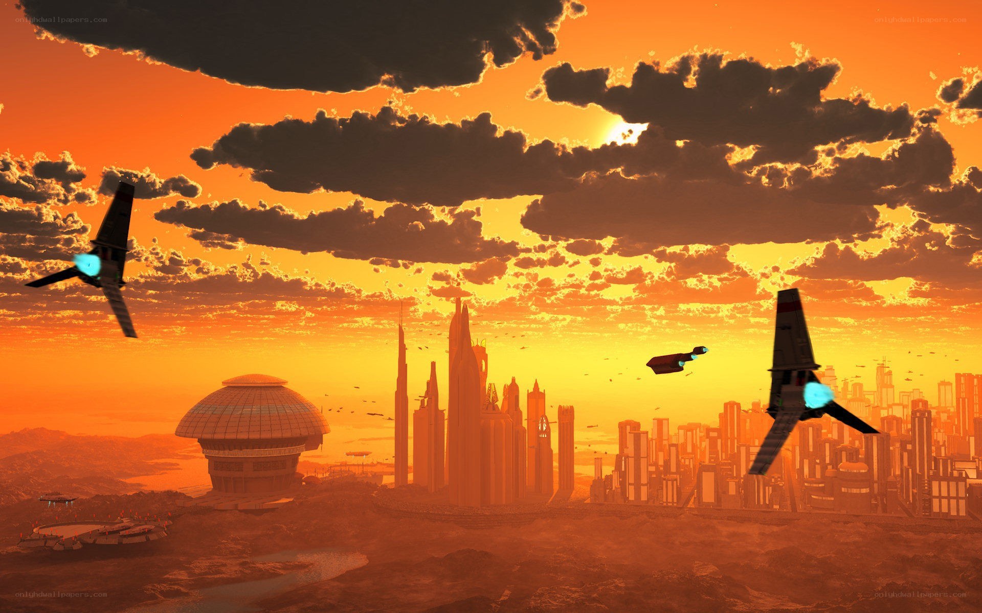 futuristic city at sunset