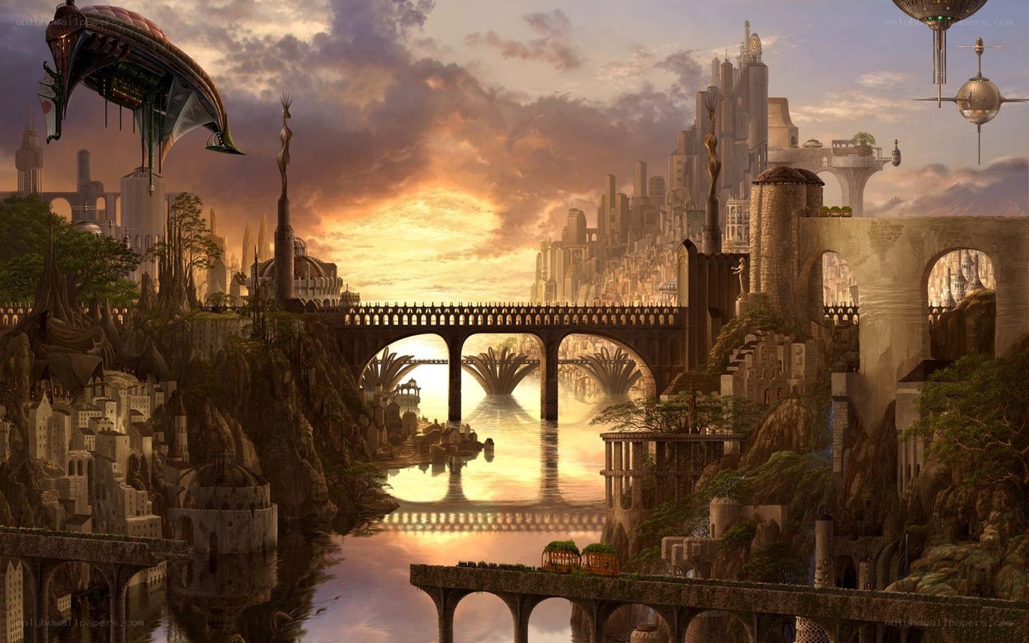 futuristic city at sunset