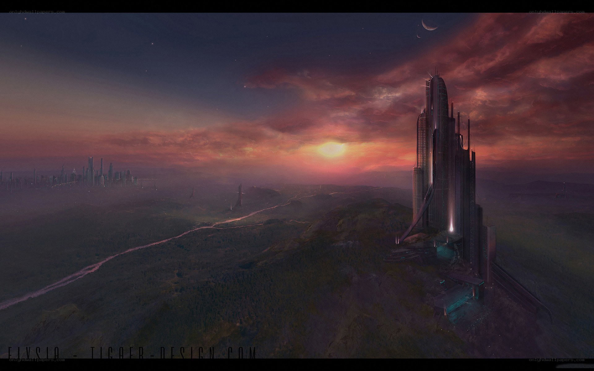 futuristic city at sunset