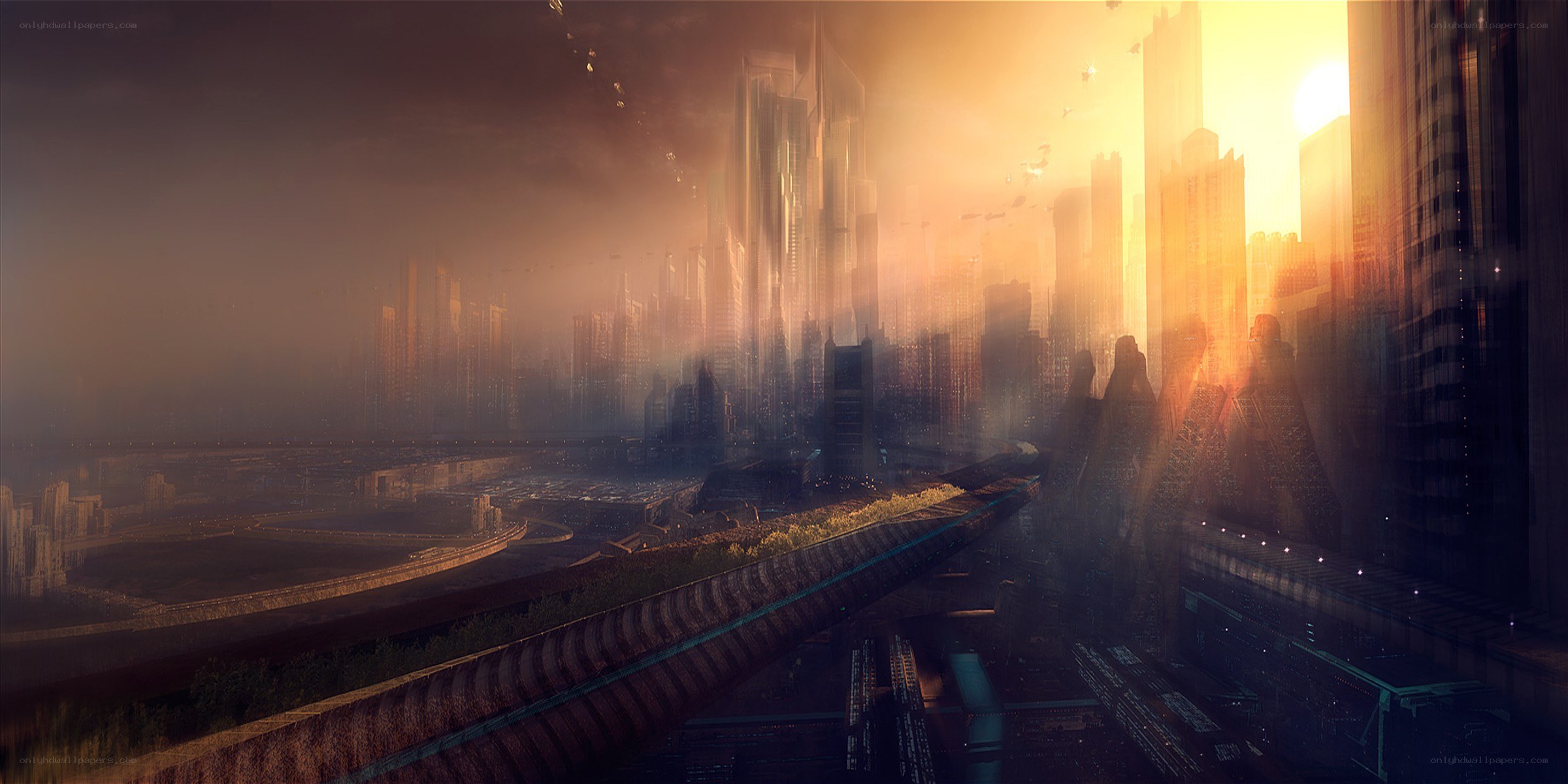 futuristic city at sunset