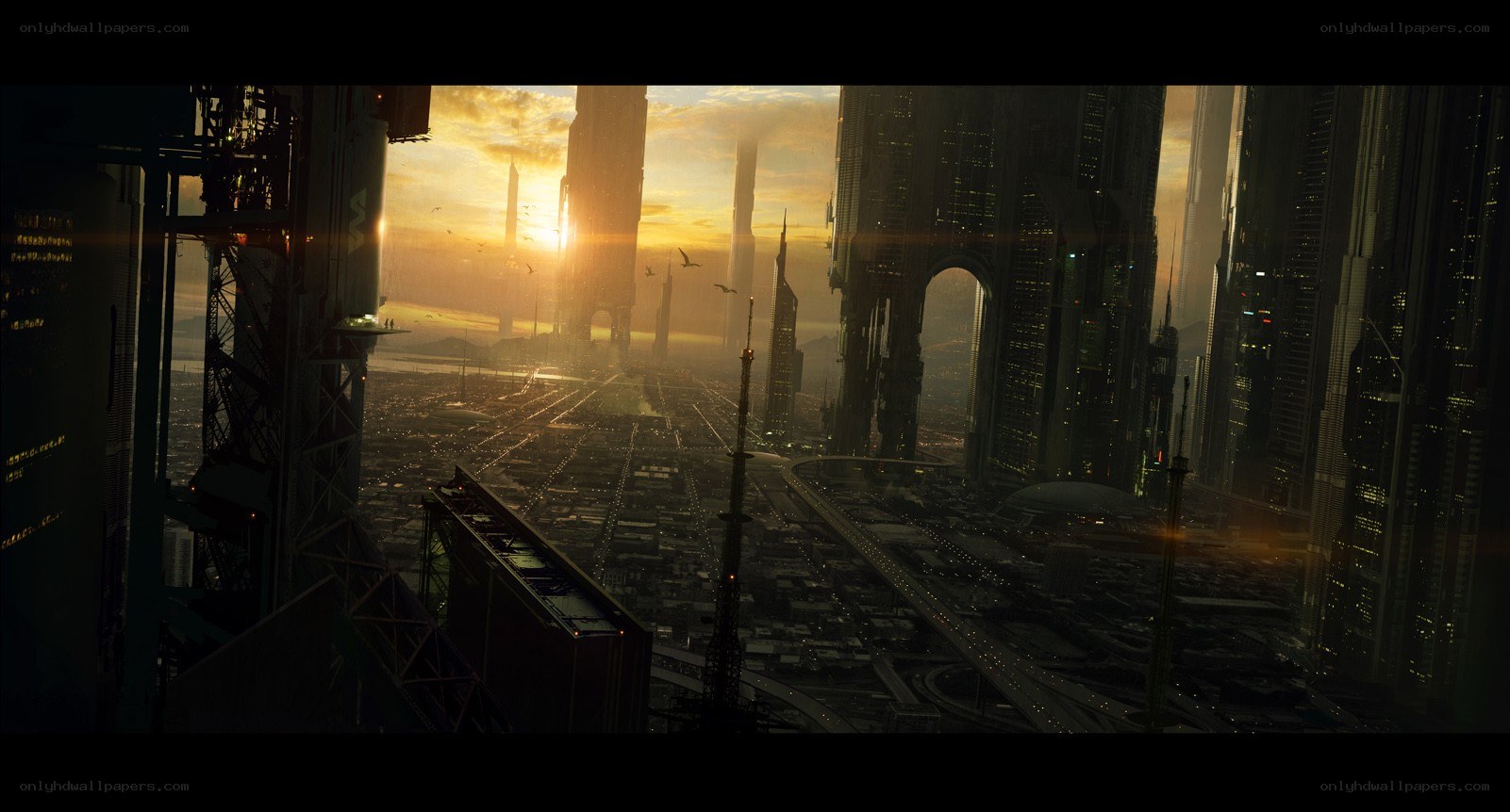 futuristic city at sunset