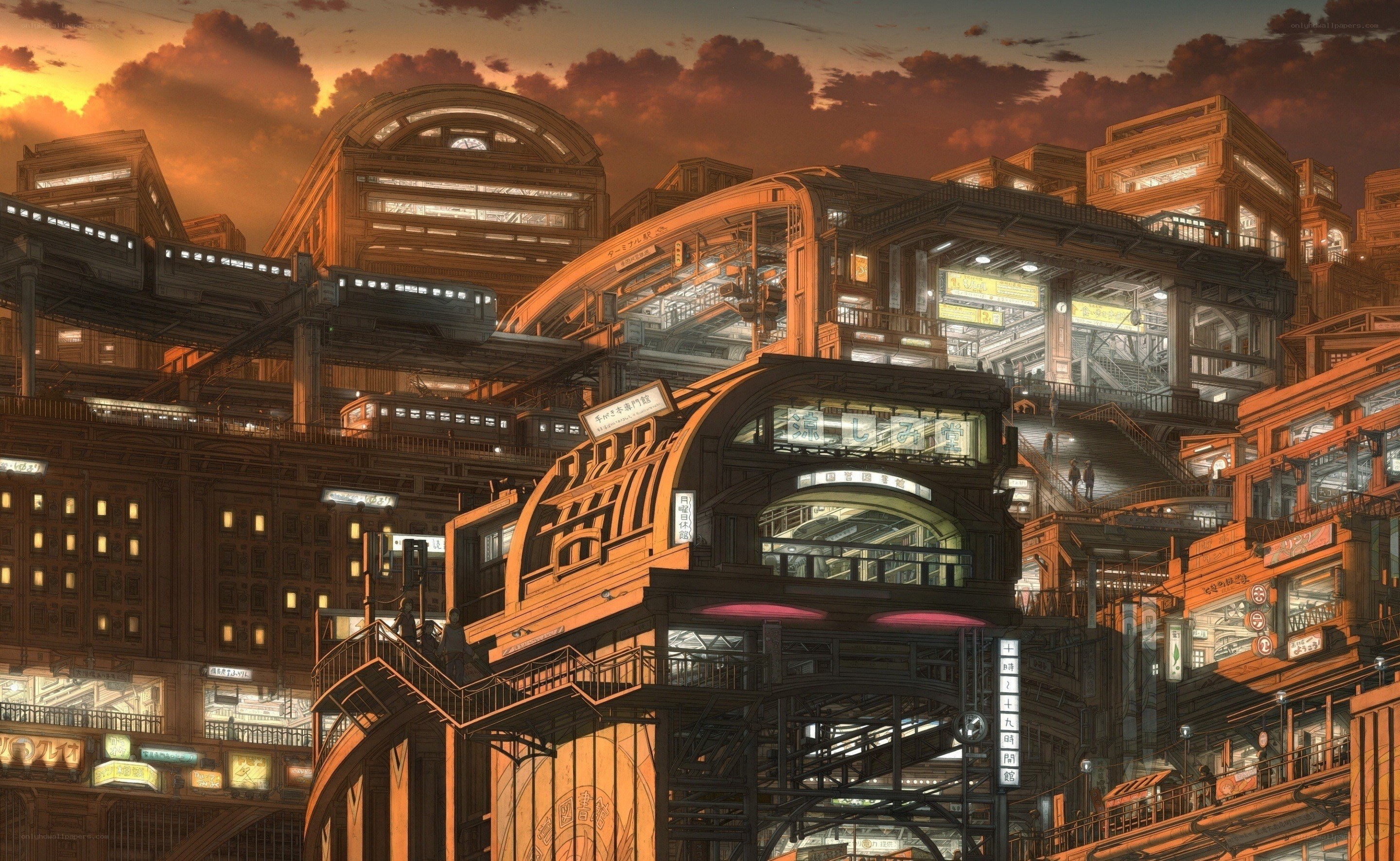 futuristic city at sunset