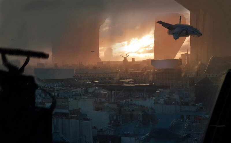 futuristic city at sunset