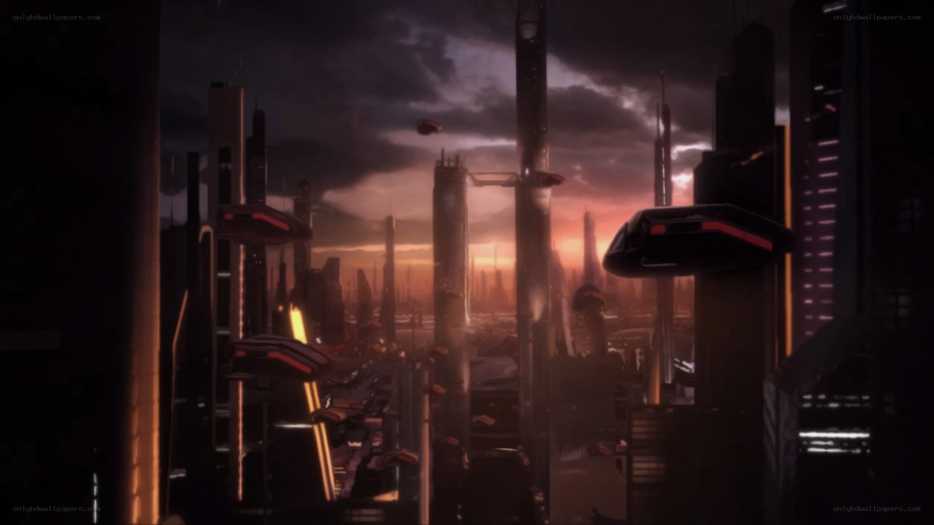 futuristic city at sunset