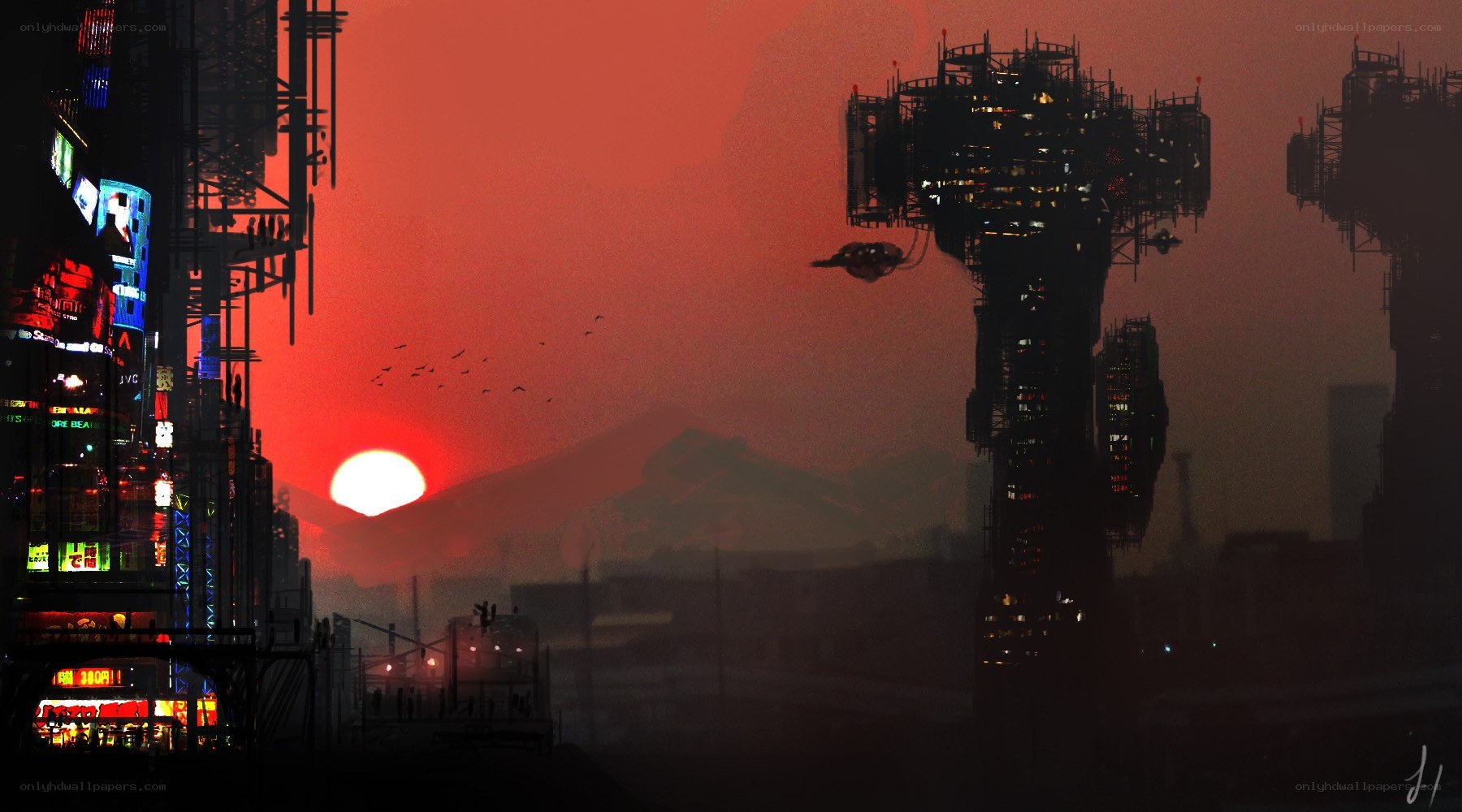 futuristic city at sunset