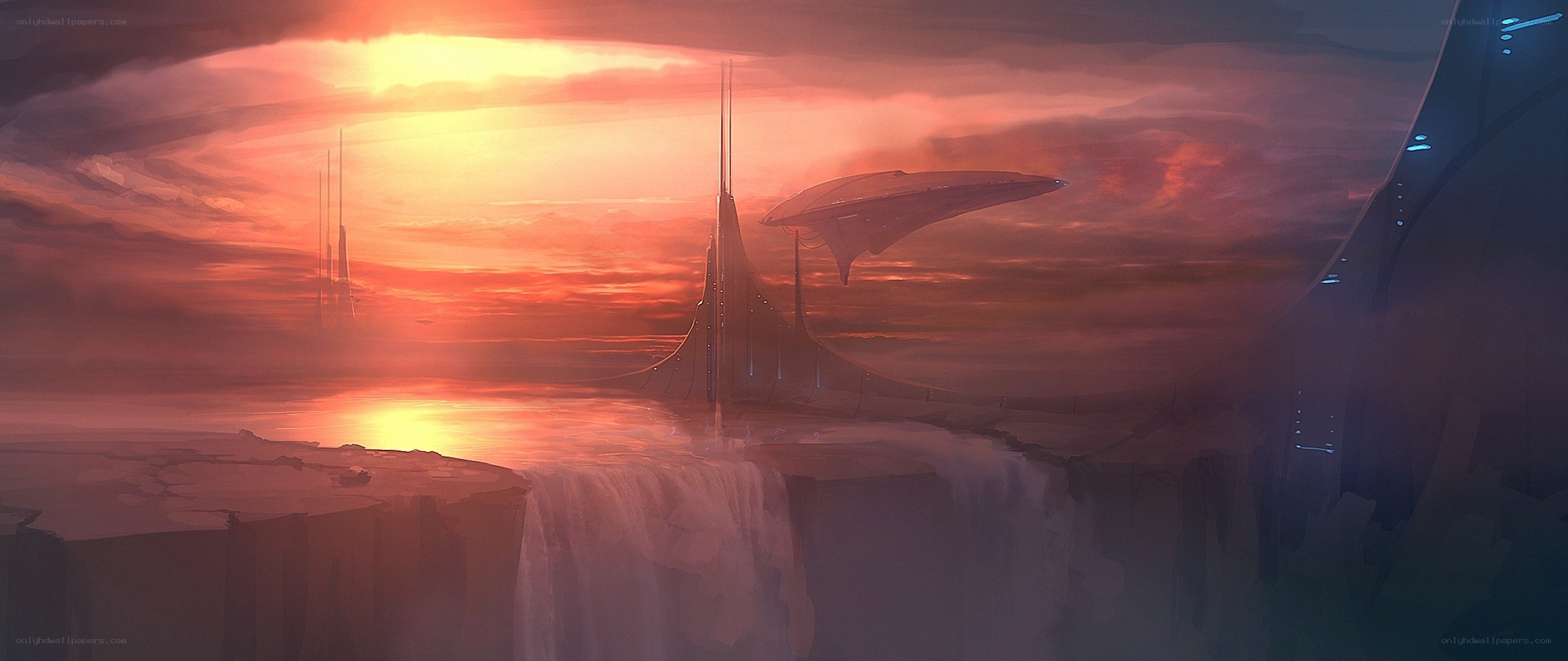 futuristic city at sunset