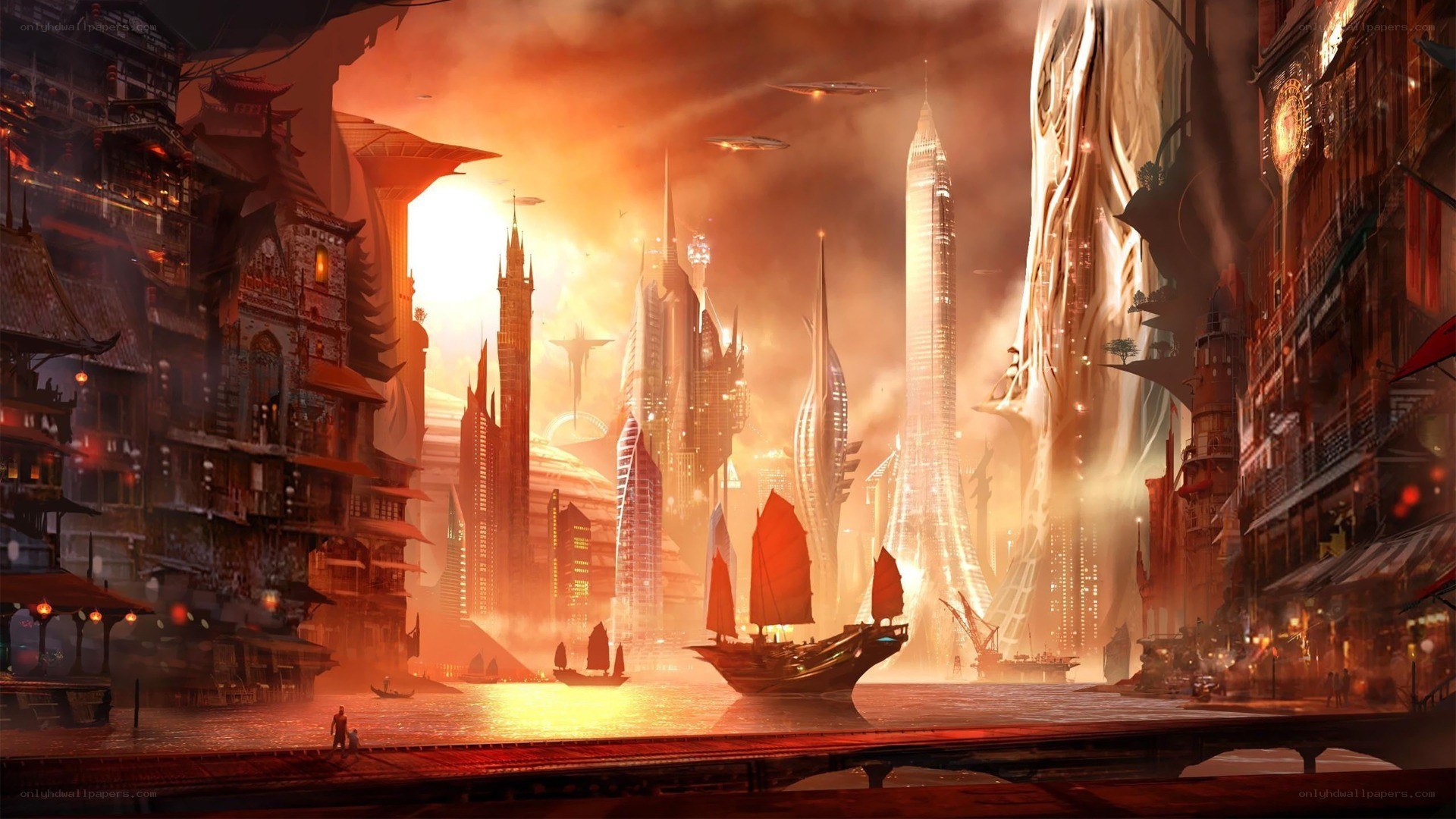 futuristic city at sunset