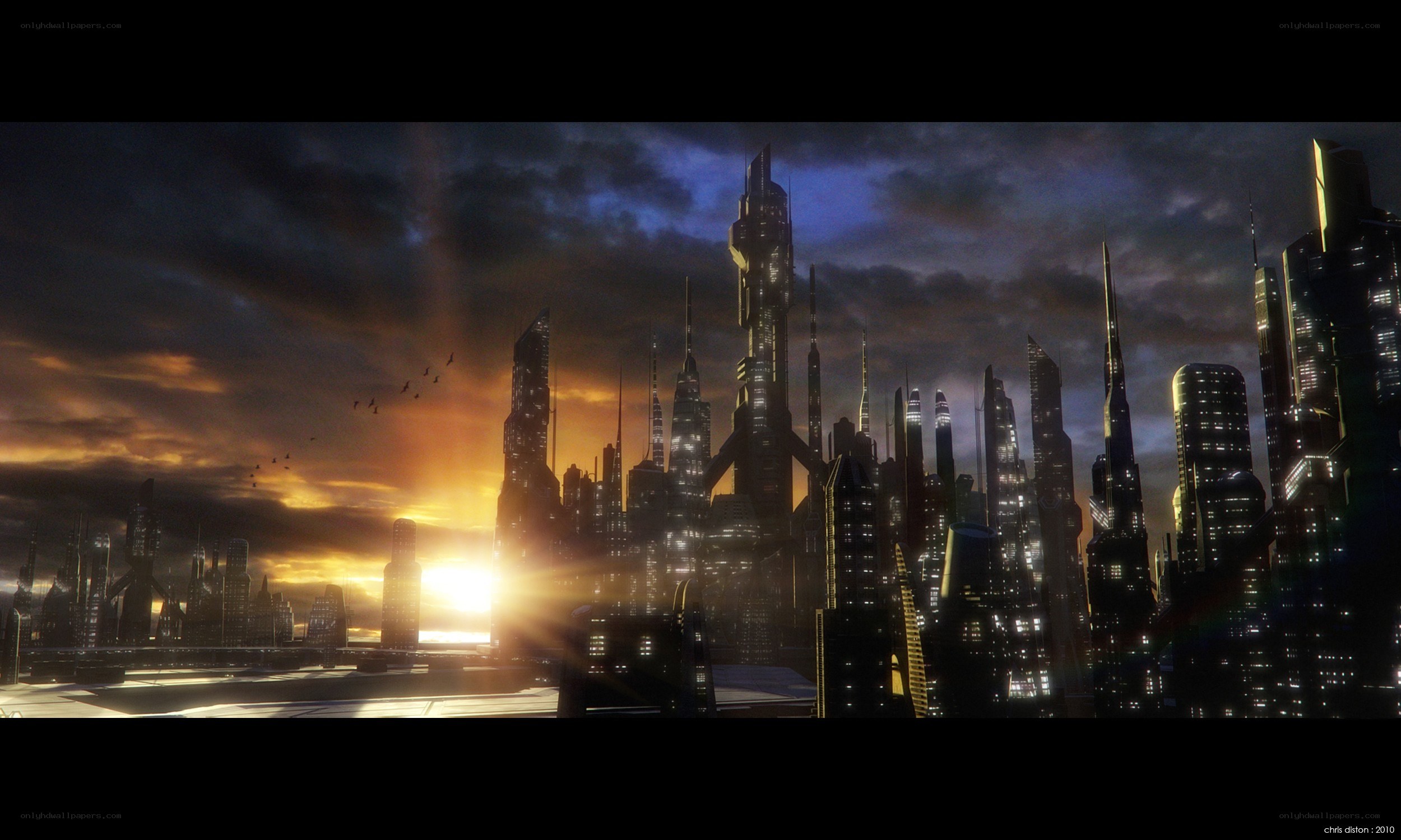 futuristic city at sunset