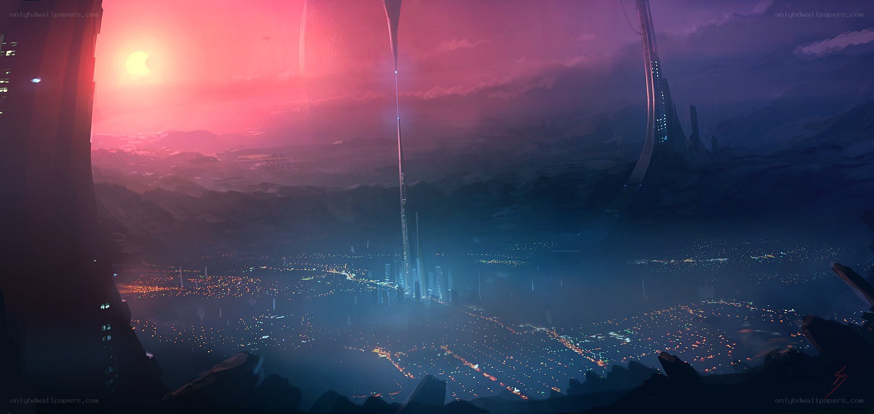 futuristic city at sunset