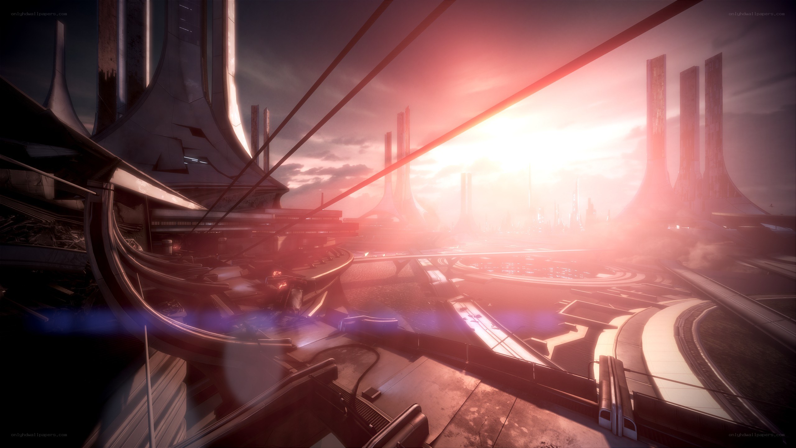 futuristic city at sunset