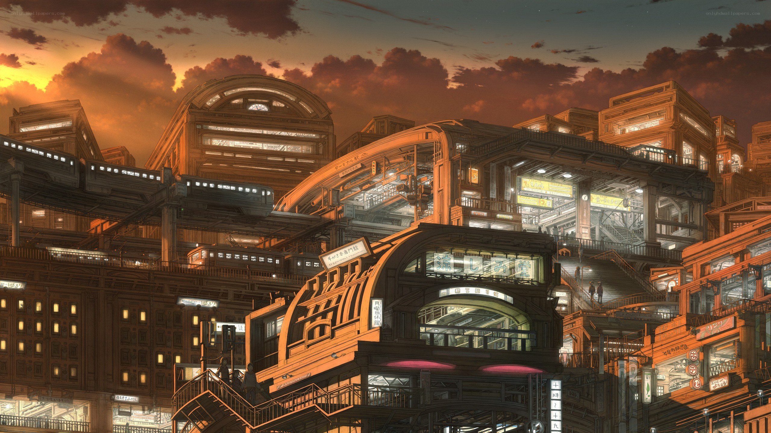 futuristic city at sunset