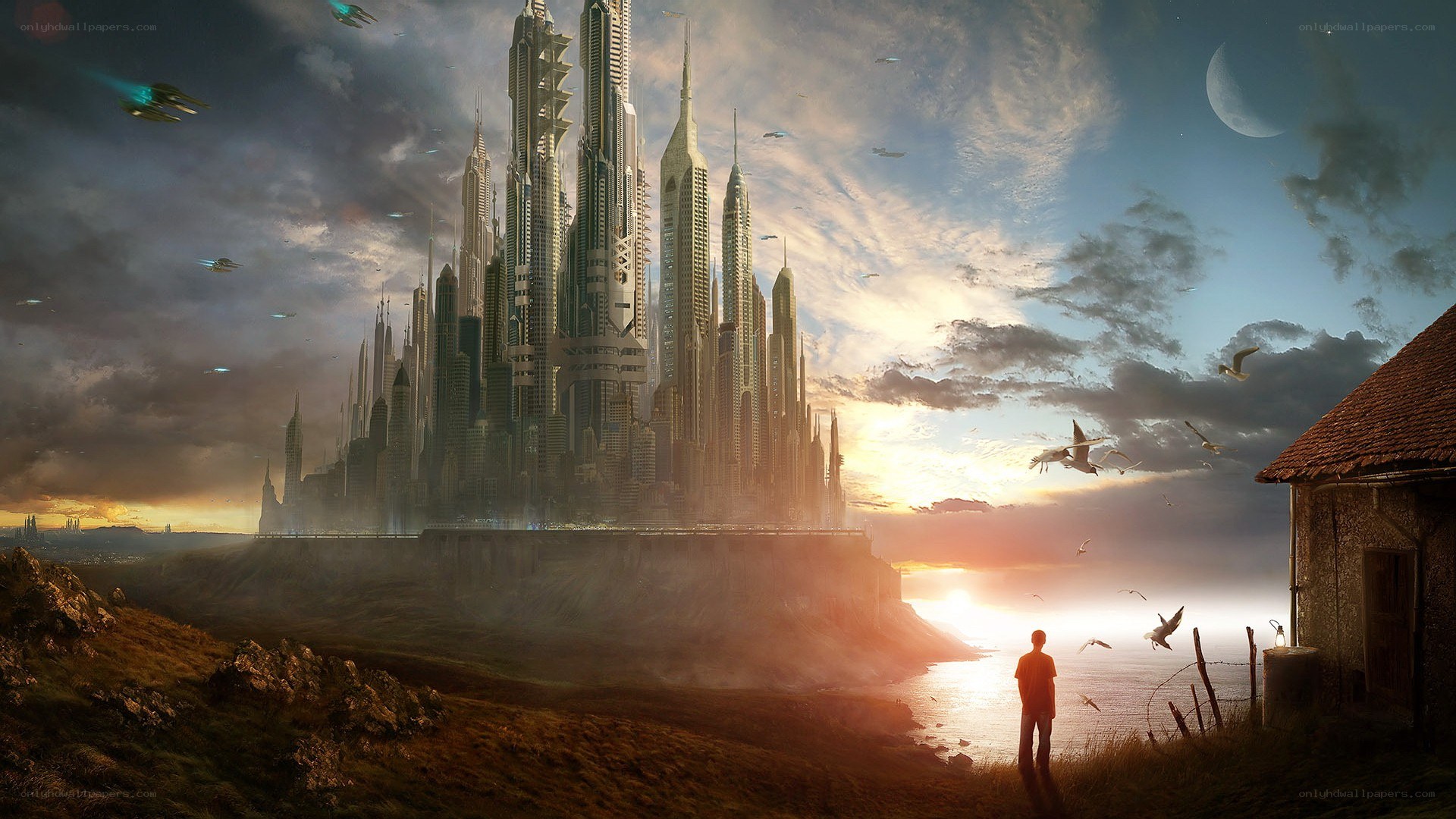 futuristic city at sunset