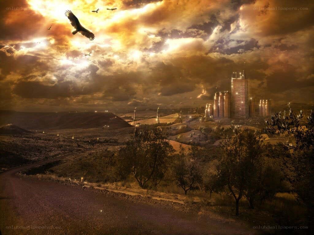 Futuristic city at sunset