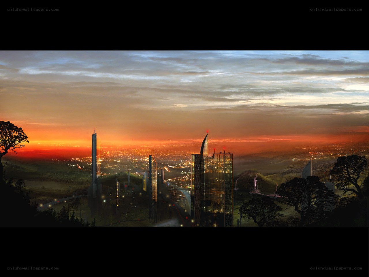 futuristic city at sunset