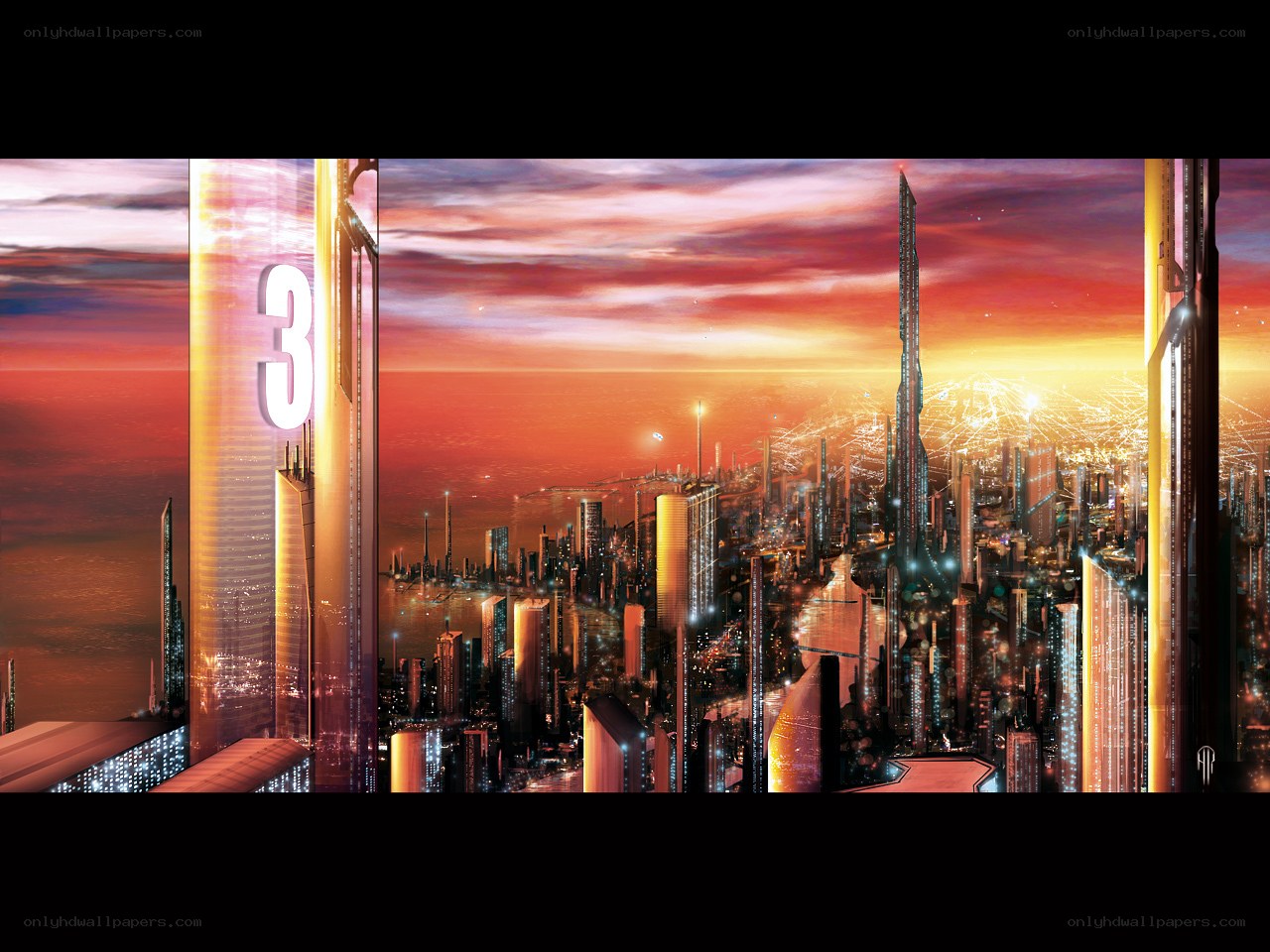 futuristic city at sunset