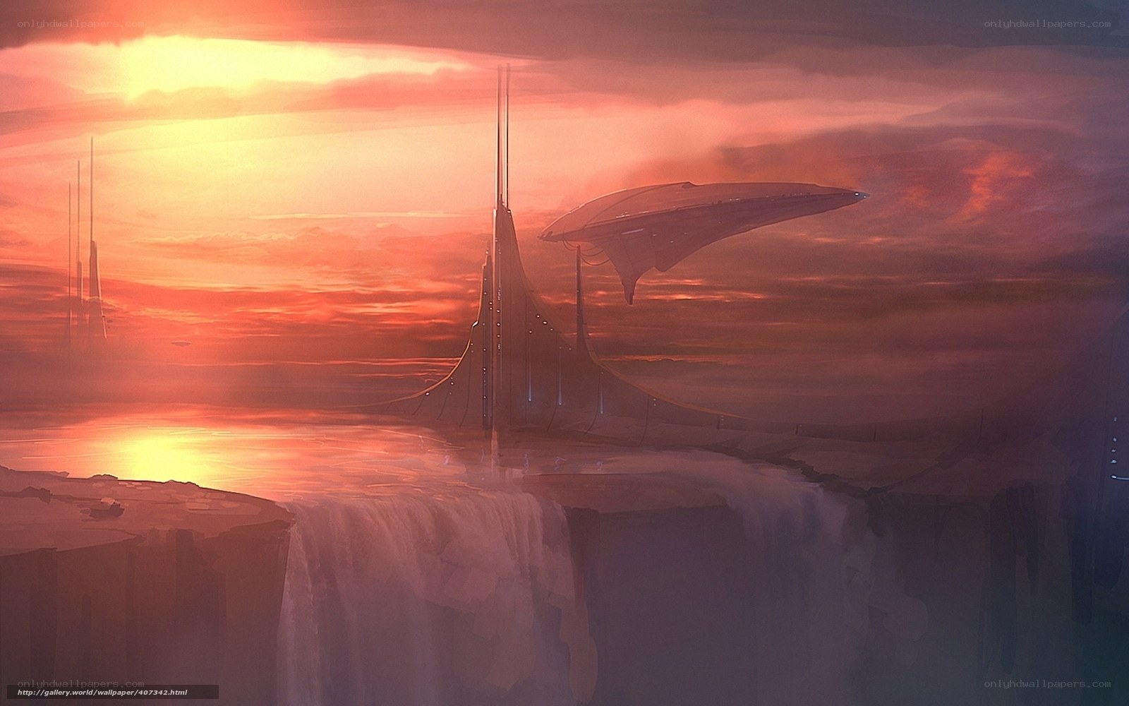 futuristic city at sunset