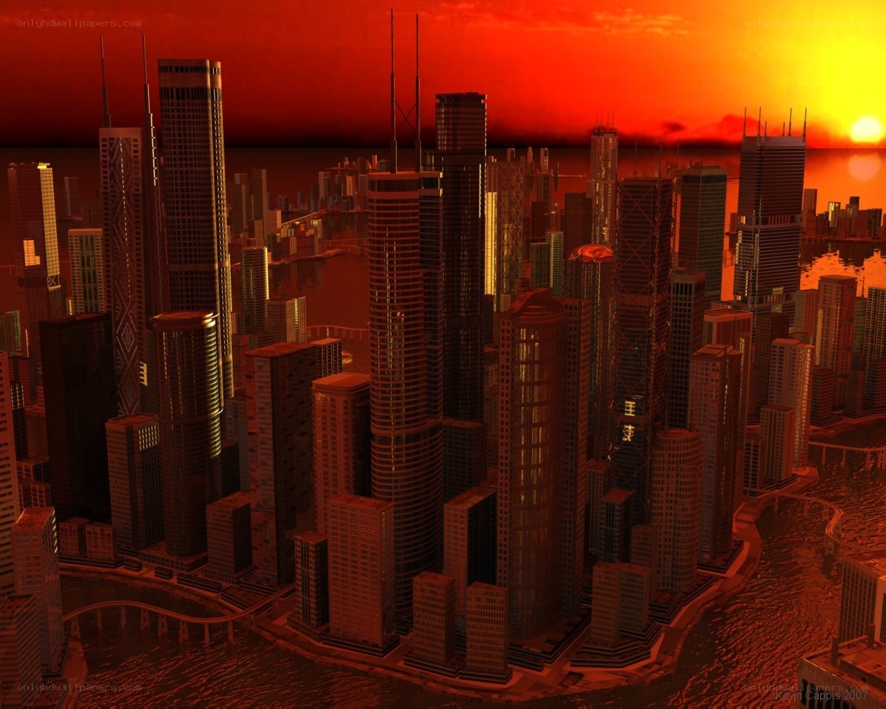futuristic city at sunset