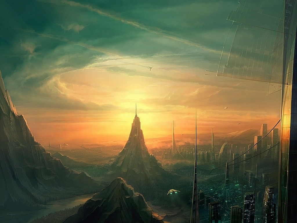 futuristic city at sunset