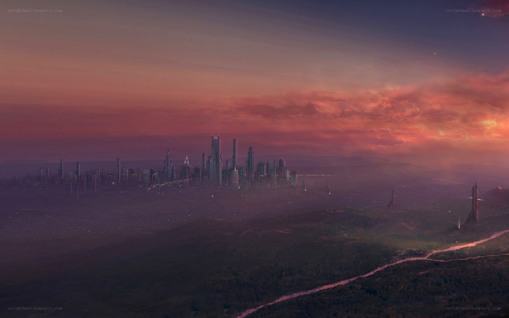 futuristic city at sunset