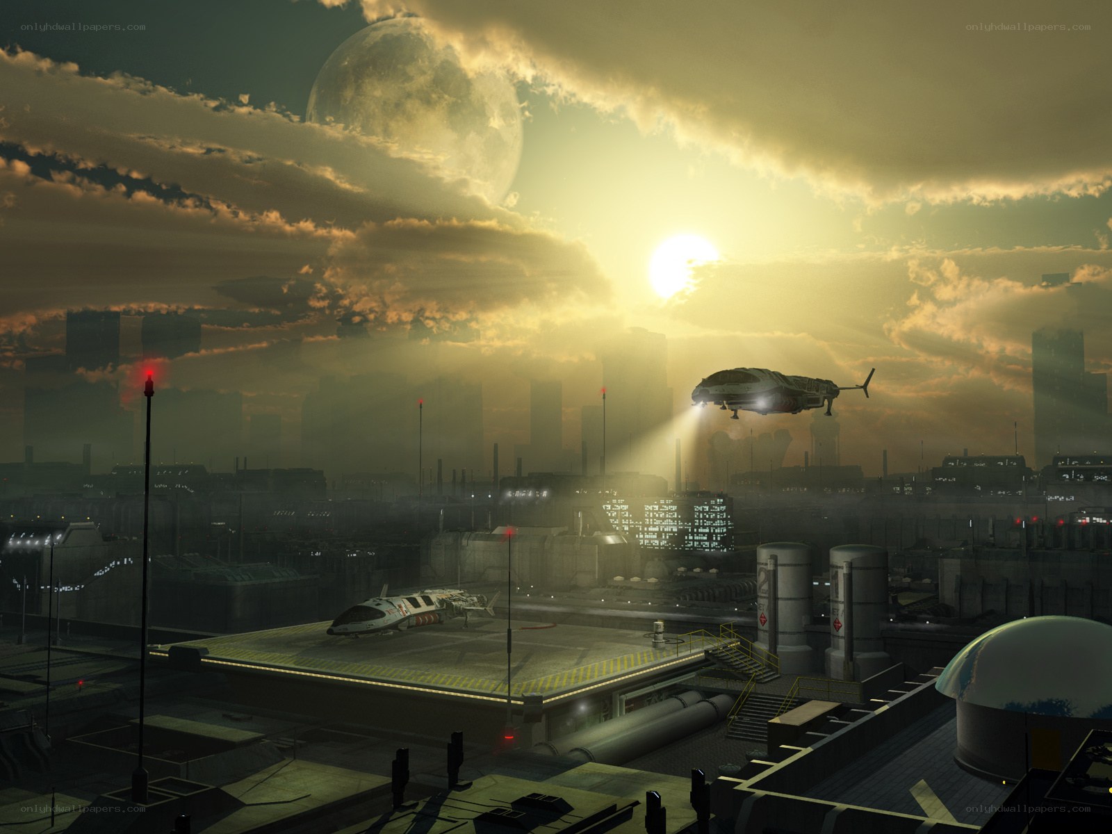Futuristic city at sunset