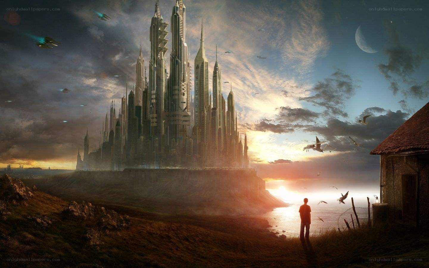 futuristic city at sunset