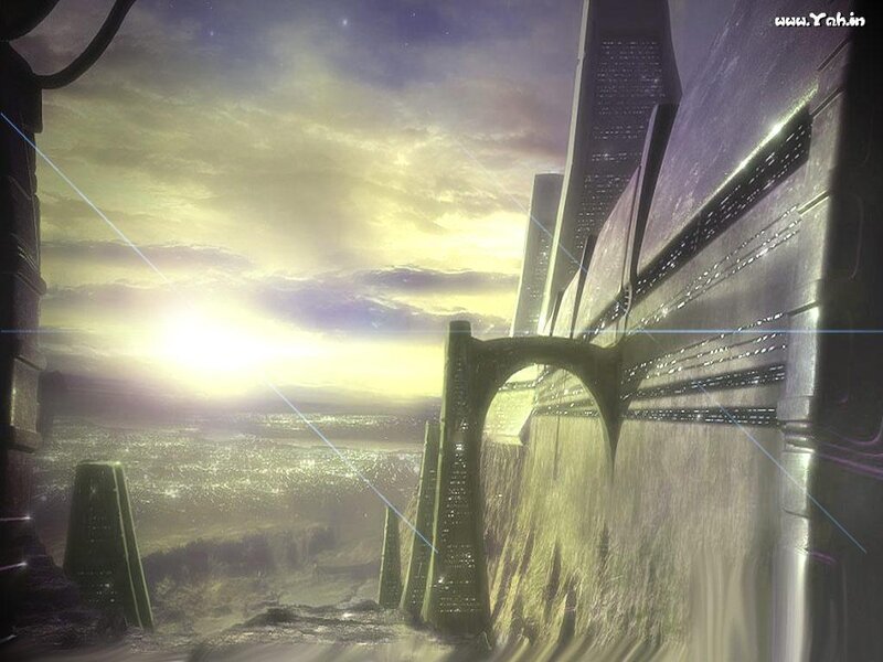 futuristic city at sunset