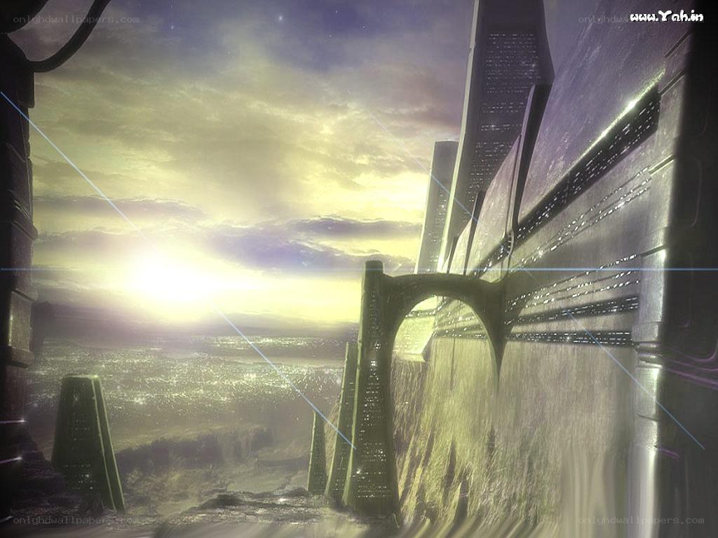 futuristic city at sunset