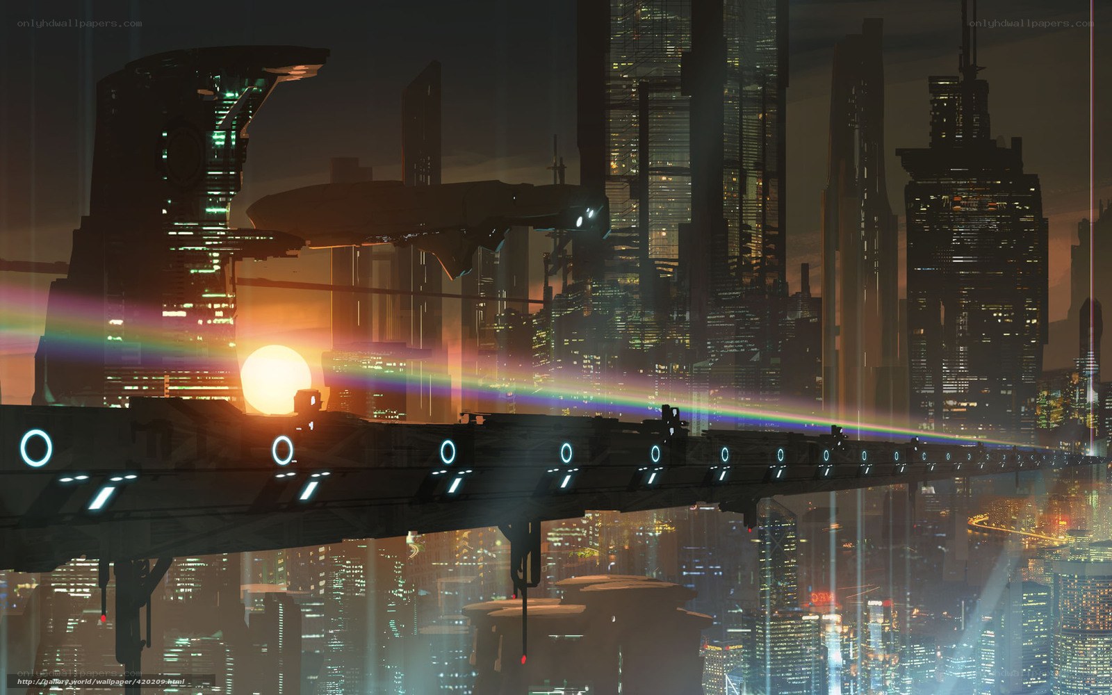 Futuristic city at sunset